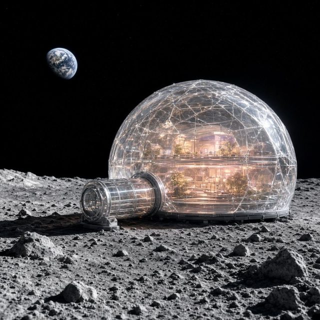 The Moon Dome Habitat, a low dome on the grey lunar surface